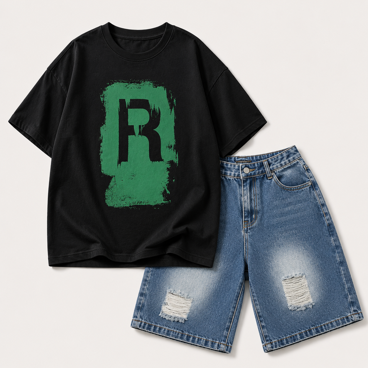 CoolBoys – Grintoso e comodo – Outfit da ragazzo con maglietta e pantaloncini di jeans