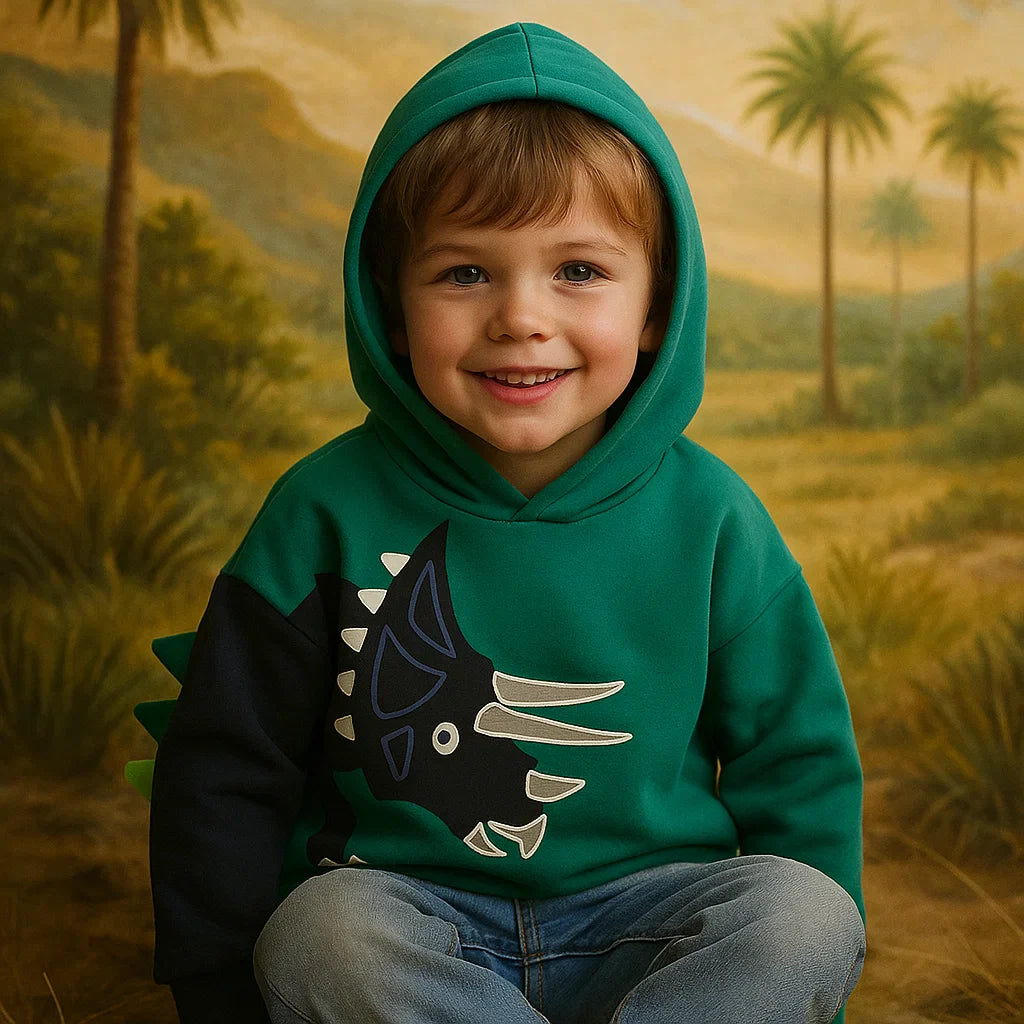 DinoStyle – Caldo e traspirante – Felpa con cappuccio con stampa Triceratops