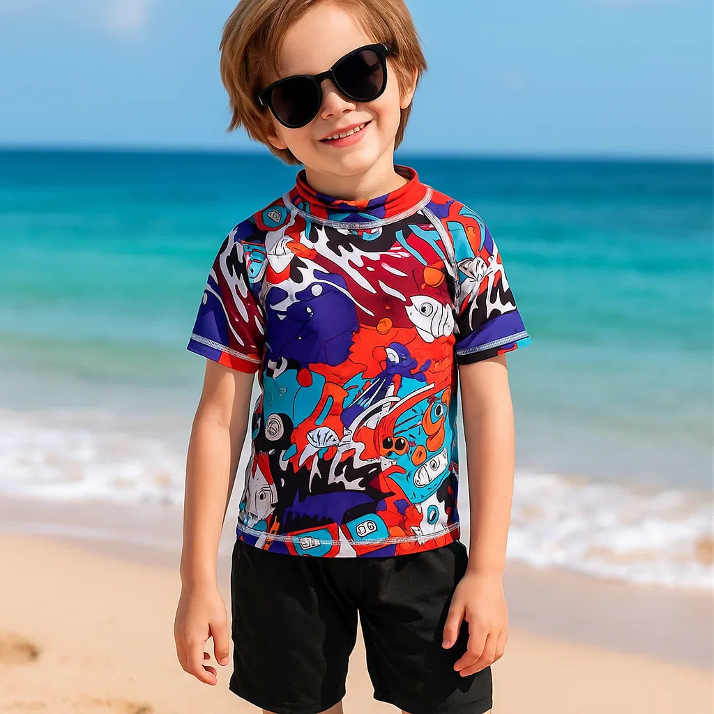 SunnyGuard – Estivo e protettivo – Maglietta da bagno anti-UV a maniche corte per bambini