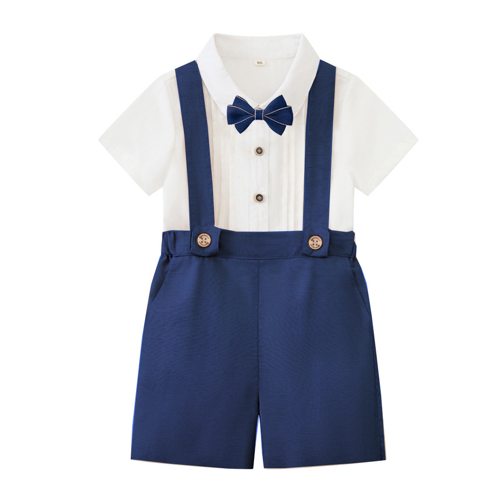 LittleDandy – Classico ed elegante – Pantaloncini in cotone con bretelle, fiocco e camicia