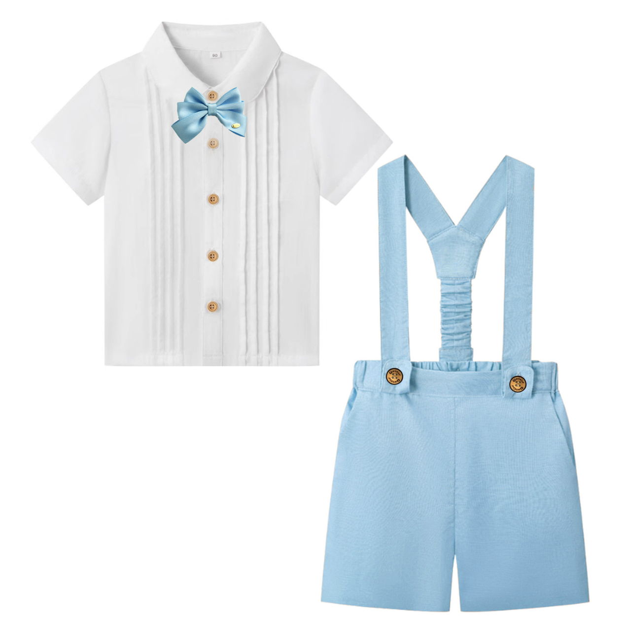 LittleDandy – Classico ed elegante – Pantaloncini in cotone con bretelle, fiocco e camicia