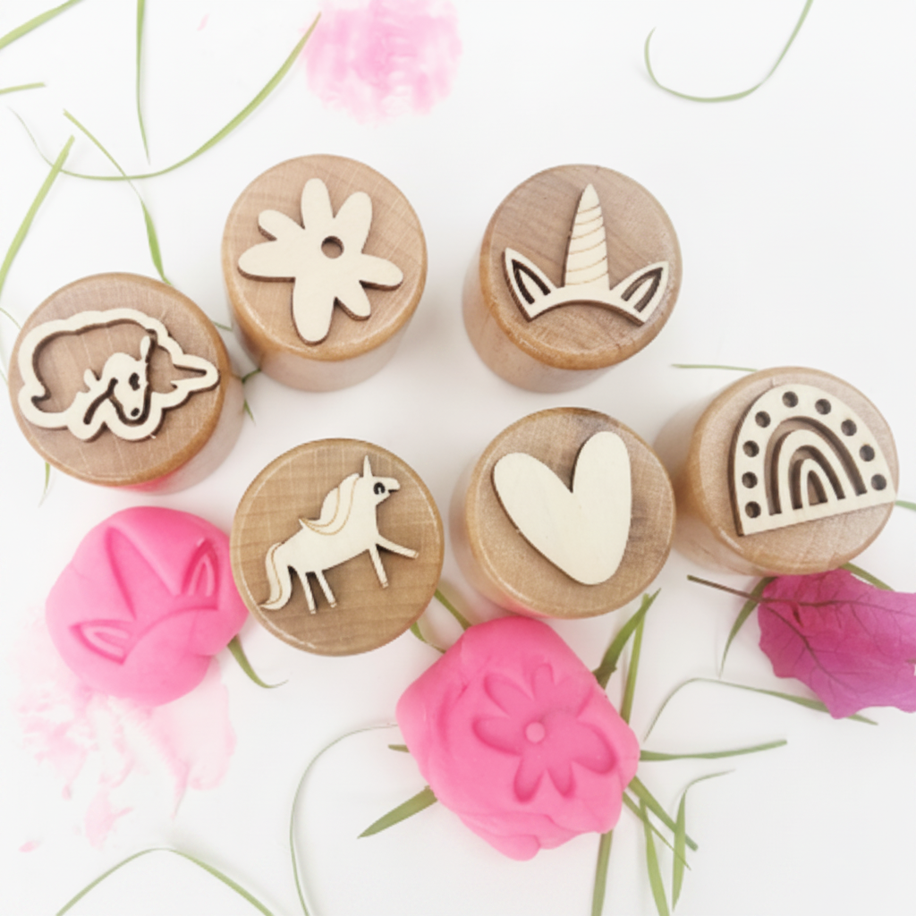 WoodStamp – Montessori & Creatività – 6 timbri in legno per plastilina
