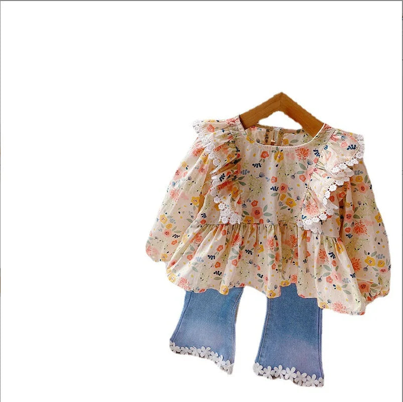 Mini Fashion™ - Completo maglia a fiori e denim - Abbigliamento per bambini