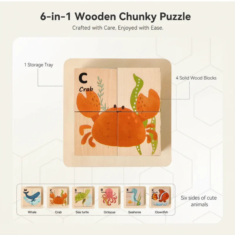 WoodMind – Creativo e didattico – Puzzle in legno 6 in 1 con animali Montessori