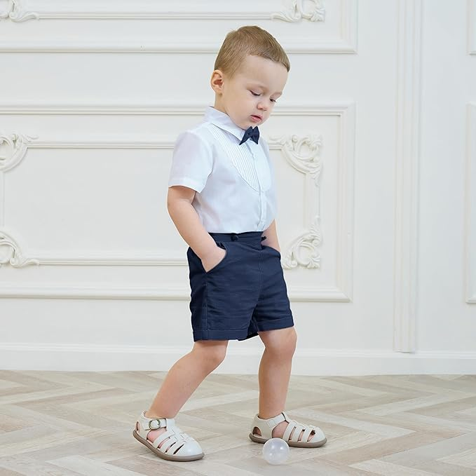 LittleDandy – Classico ed elegante – Pantaloncini in cotone con bretelle, fiocco e camicia